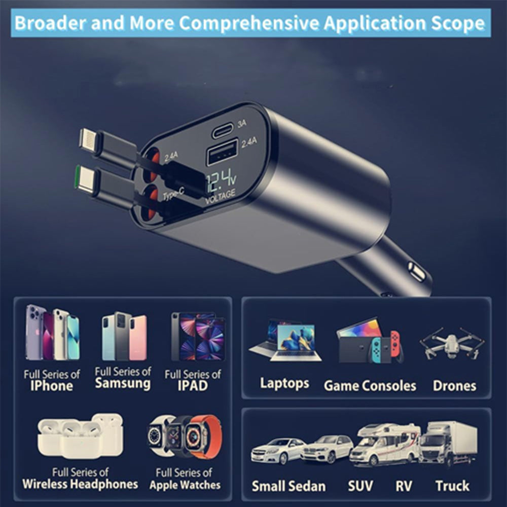 شاحن سيارة قابل للسحب، 120 واط، 4 في 1 فائق السرعة