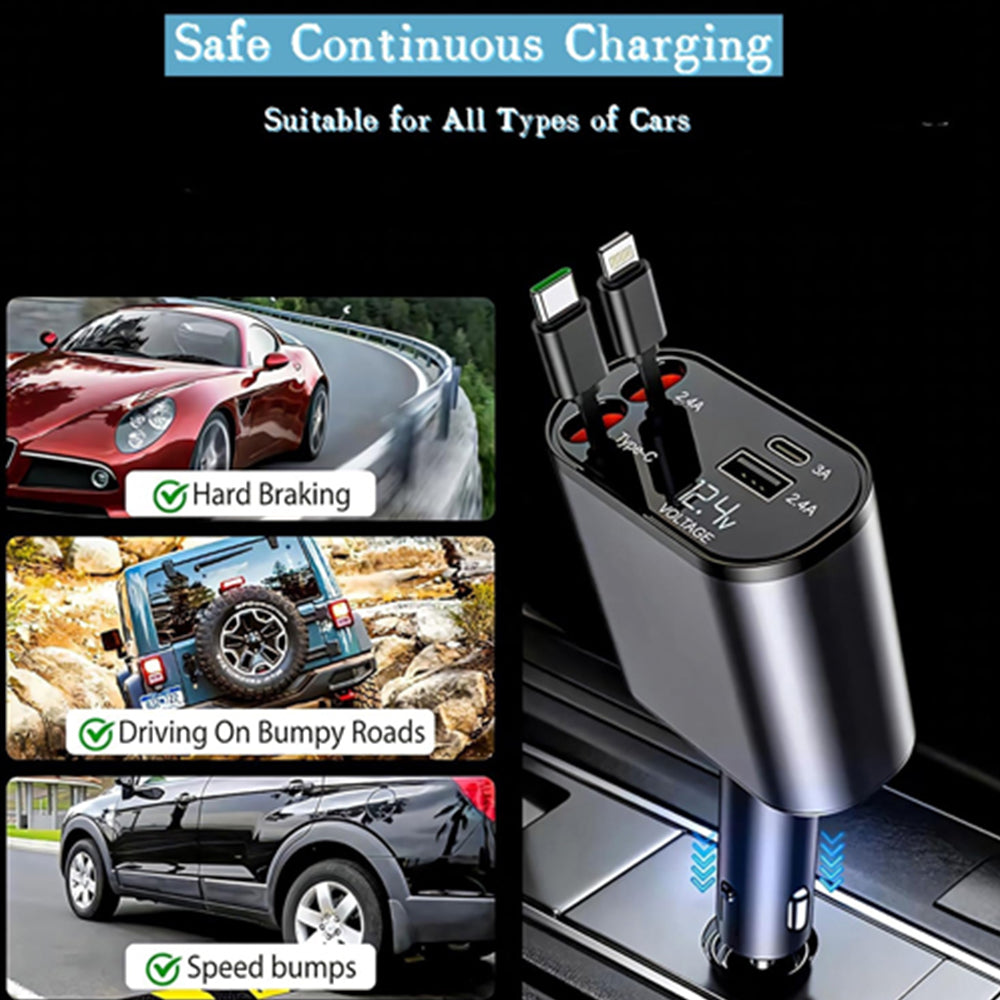 شاحن سيارة قابل للسحب، 120 واط، 4 في 1 فائق السرعة
