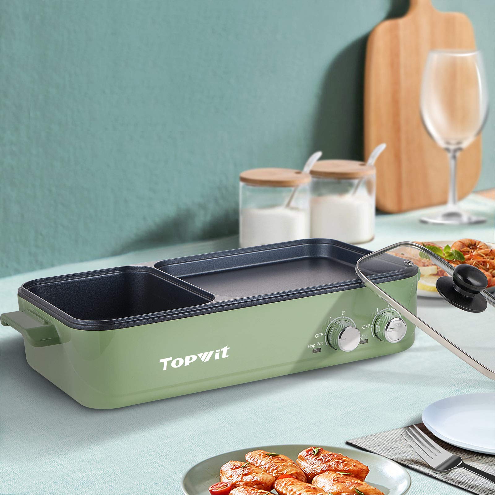 Topwit Hot Pot Electric with Grill, 2 in 1 Indoor Non-Stick Electric Pot and Griddle for Korean BBQ, Steaks, Shabu Shabu and Noodles, Independent Dual Temperature Control, Fast Heating, Green