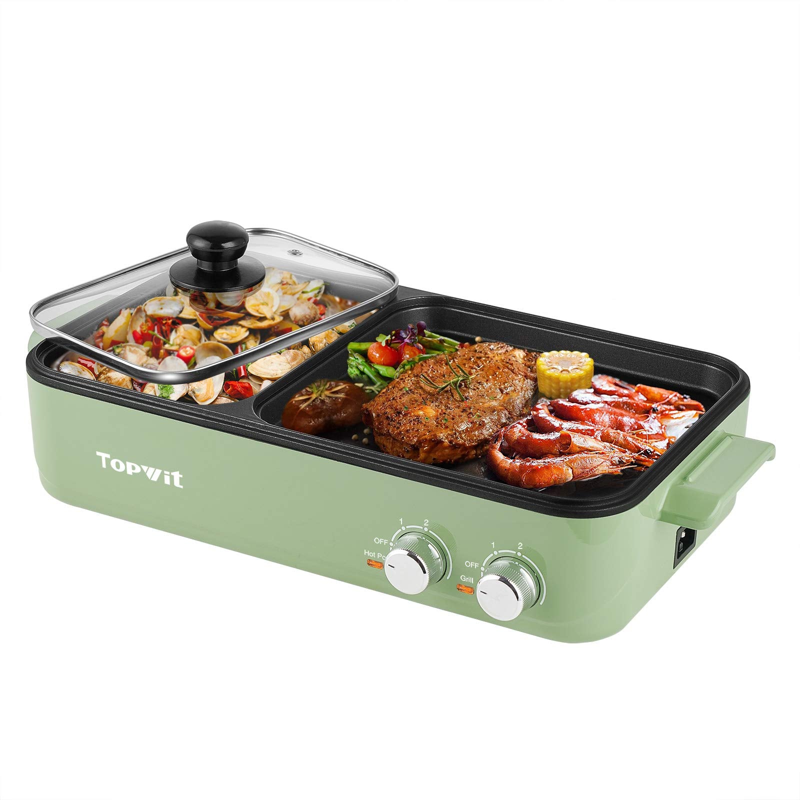 Topwit Hot Pot Electric with Grill, 2 in 1 Indoor Non-Stick Electric Pot and Griddle for Korean BBQ, Steaks, Shabu Shabu and Noodles, Independent Dual Temperature Control, Fast Heating, Green