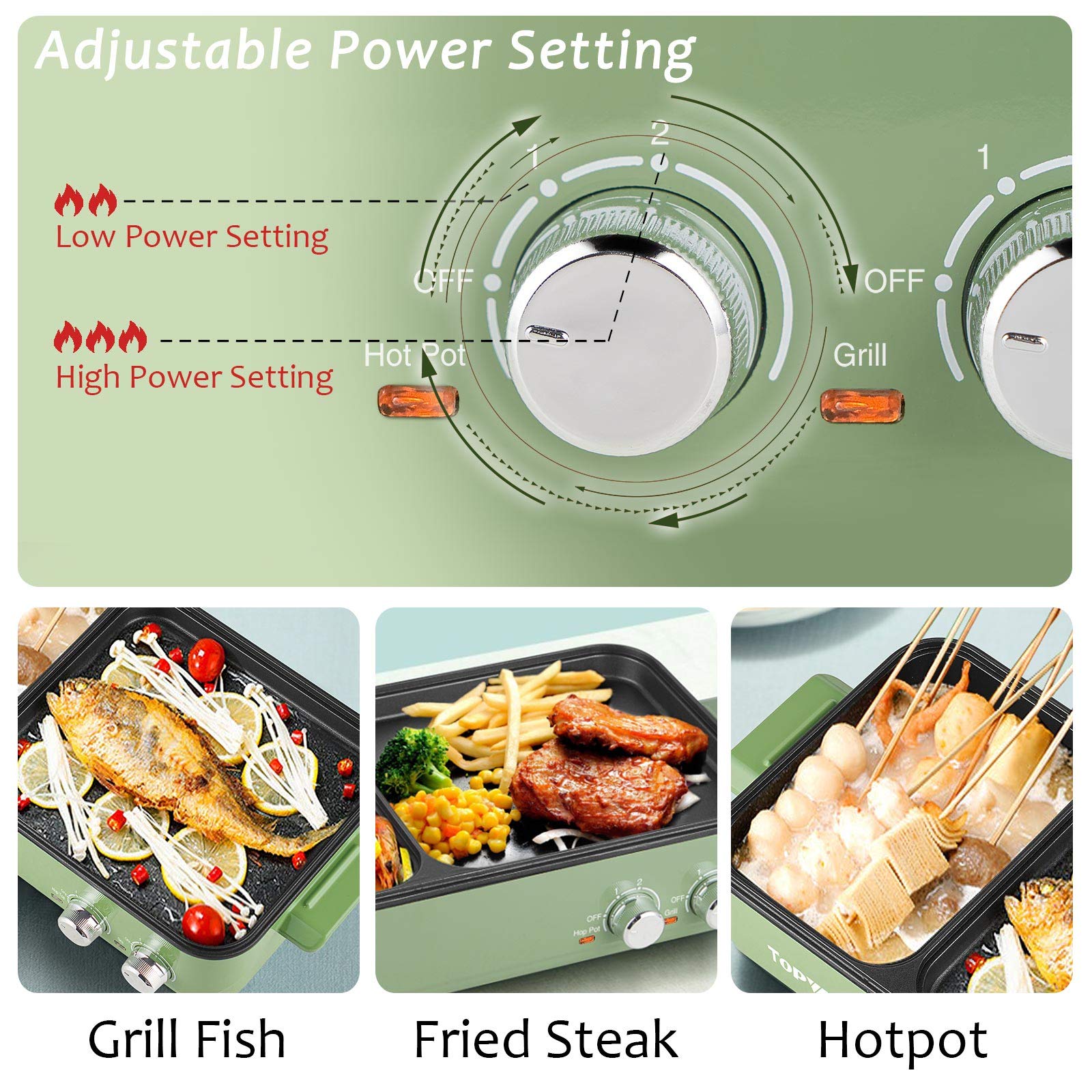 Topwit Hot Pot Electric with Grill, 2 in 1 Indoor Non-Stick Electric Pot and Griddle for Korean BBQ, Steaks, Shabu Shabu and Noodles, Independent Dual Temperature Control, Fast Heating, Green